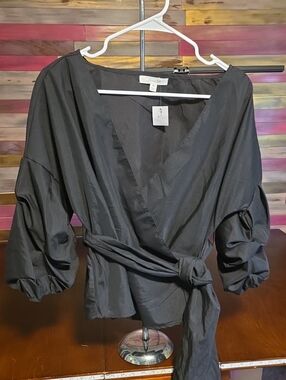 Active USA Black Wrap Blouse with Tie Waist and Puff Sleeves